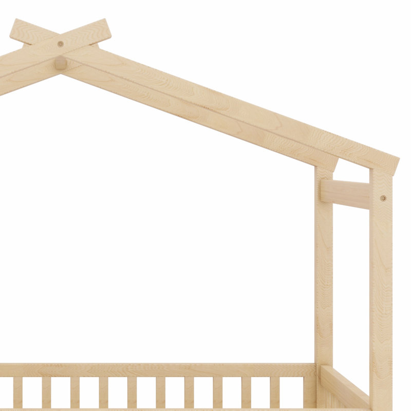 Structure de lit en bois en forme de maison avec clôture, Naturel