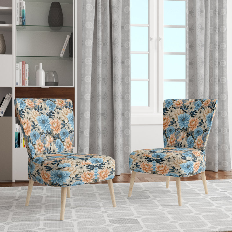 Motif floral bleu et beige à motif vichy - Chaise d'appoint rembourrée de style campagnard, Chaise d'appoint beige