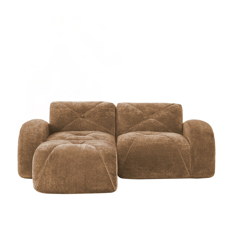 Canapé en L sans os avec velours doux, conception capitonnée, éponge haute densité 32D, aucun assemblage requis, repose-pieds mobile, chameau