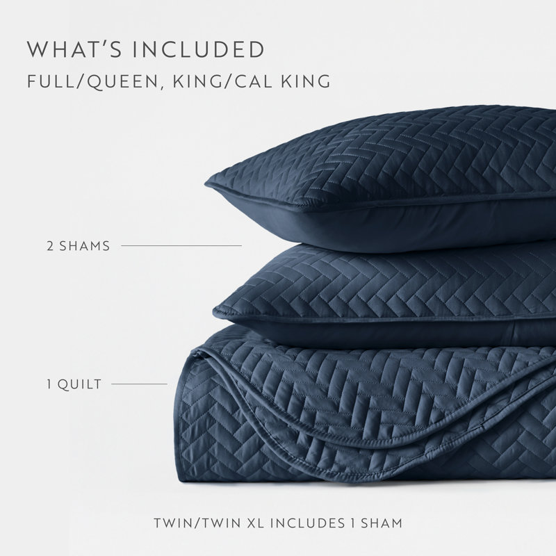 Double Brushed Herringbone Stich Pattern Quilted Coverlet Set, Navy, Queen Coverlet + 2 Shams