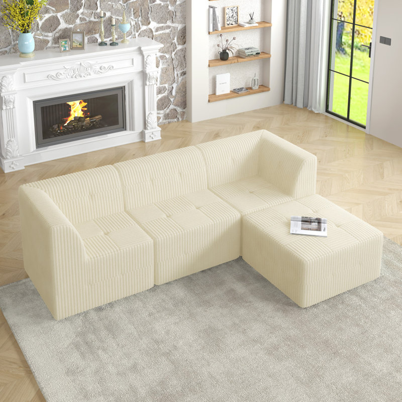 Canapé L, Velours côtelé beige