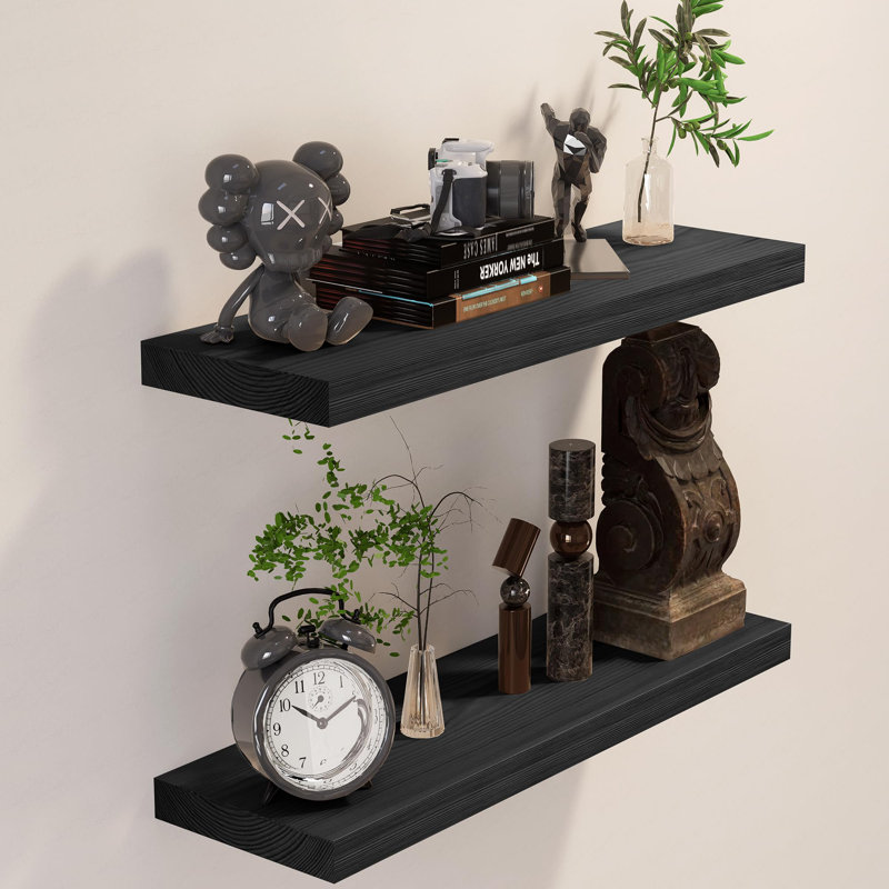 Solid Wood Floating Shelves，Rustic Wooden Wall Shelves, 1.25" H x 24" W x 6.7" D, Black