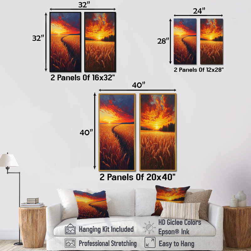 «Yellow Sunset Farm Fields I» - ensemble d'art mural de ferme 2 pièces, H 40 po x l 40 po, Cadre flottant érable