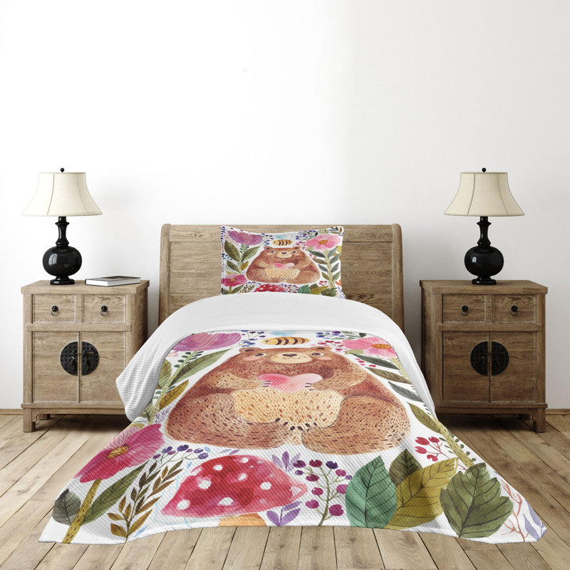 Colorful Bear and Flowers Twin Bedspread Set