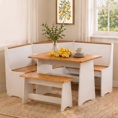 3-piece L-shaped Breakfast Nook Dining Set With Hidden Storage, Modern Wood Corner Dining Table And Bench Set For Small Spaces & Kitchen, Natural And White