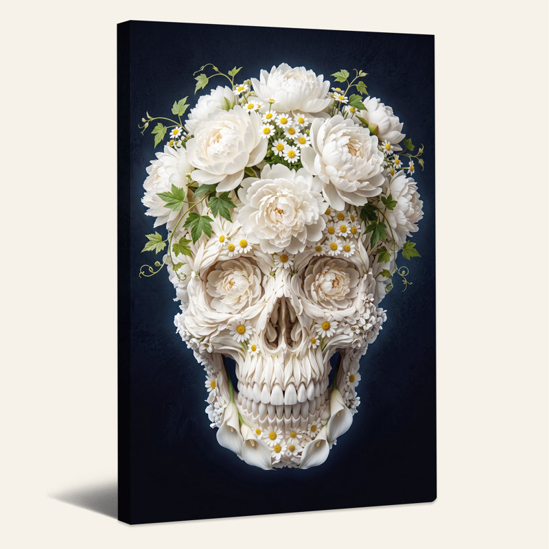 Art mural sur toile, crâne floral blanc avec feuilles vertes sur bleu foncé Halloween, H 30 po x l 20 po