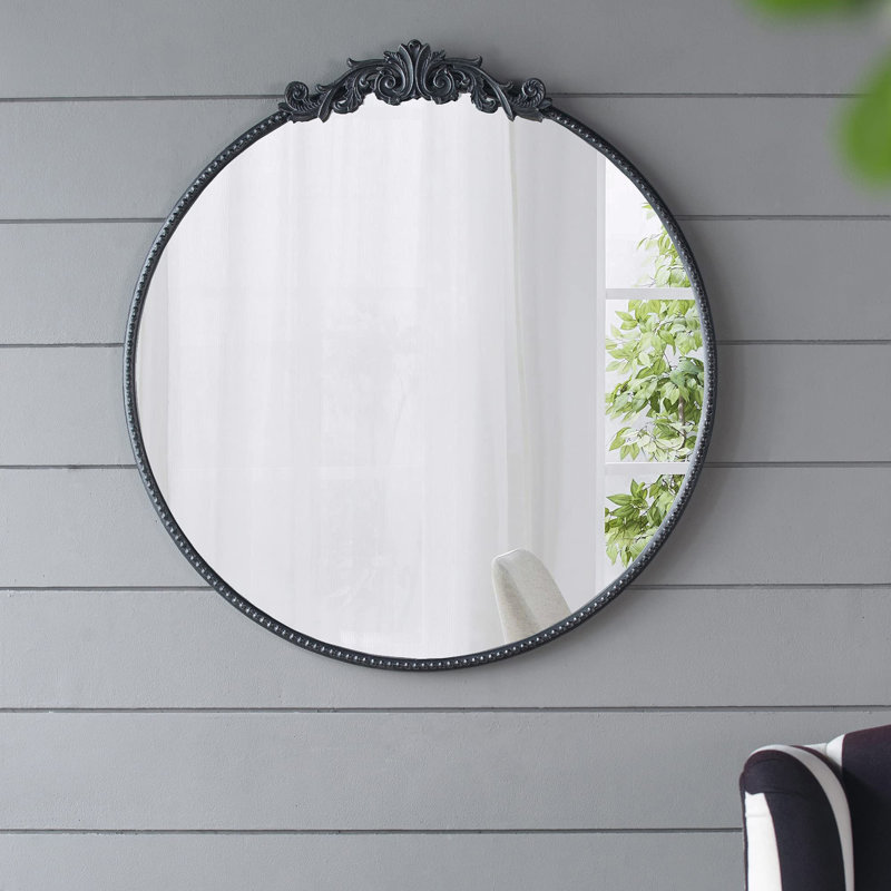 32" Black Round Mirror with Baroque-Inspired Detailing