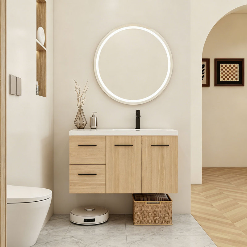 Ensemble de meuble-lavabo flottant mural 36 po avec lavabo 36 po, chêne clair, 2 portes et 2 tiroirs, plateau lavabo en gel, 3 boîtes
