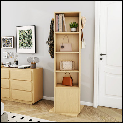 Armoire à maquillage et à bijoux rotative à 360 ° avec miroir pleine grandeur, rangement sur pied et porte-manteau, finition noyer