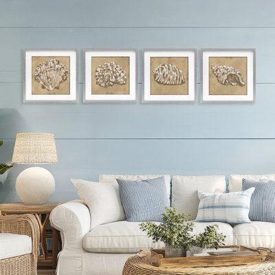 Seashells in Earth Tones 4pc Framed Print Under Glass Set, design by June Erica Vess