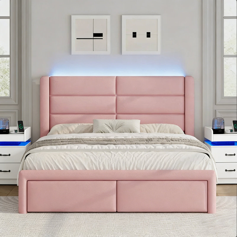 Ensemble de lit plateforme tapissier à DEL avec 2 tables de chevet modernes à DEL - ensemble de chambre à coucher 3 pièces