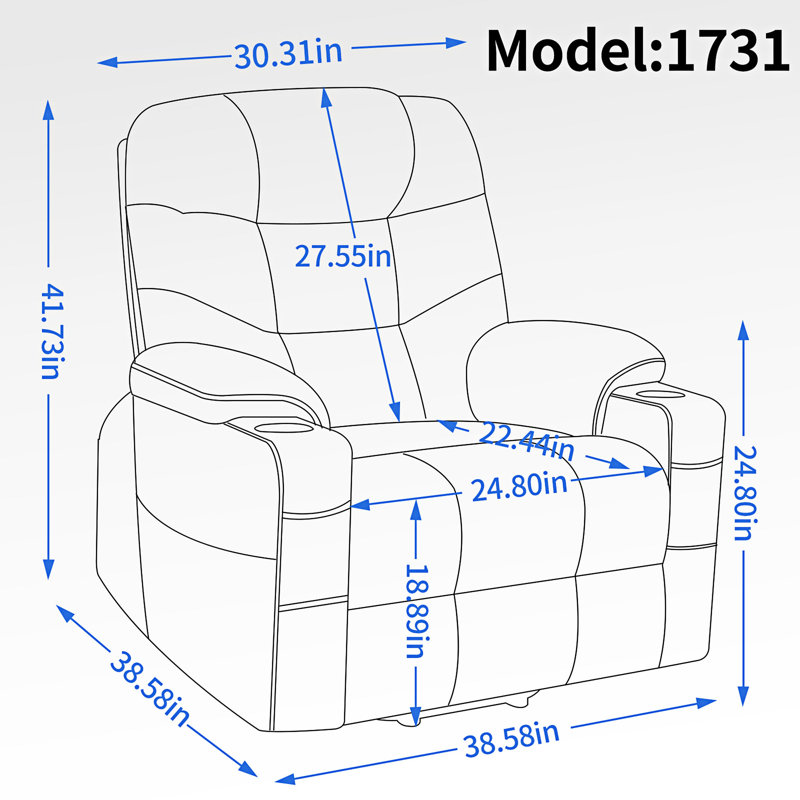 Fauteuil inclinable Power Lift avec chauffage lombaire, ports USB et de type C, coussins amovibles, Bleu gris