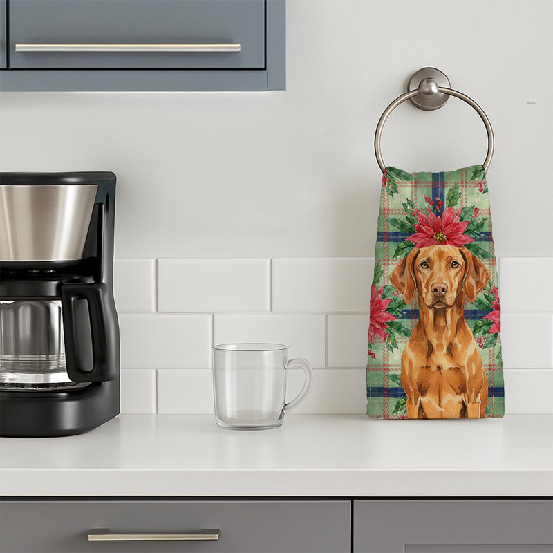 Vizsla Christmas PoinsettIas Kitchen Towel, Red Vizsla