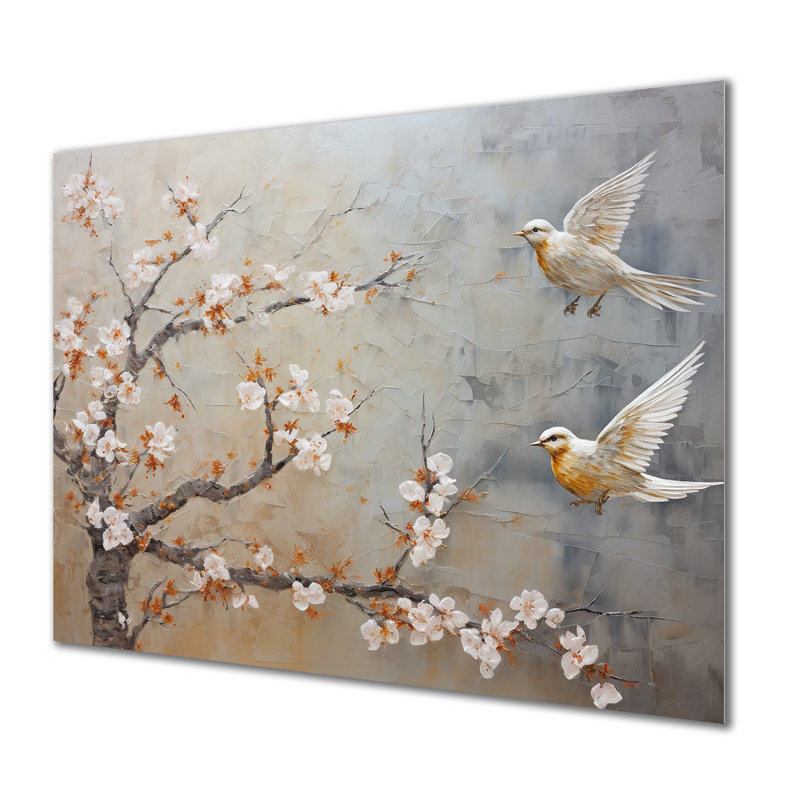 Blanc et gris, oiseaux, sérénité florale II - oiseau, art mural en métal, H 12 po x l 20 po x P 1 po
