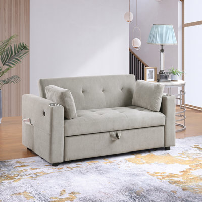 Canapé-lit convertible 57 po en Corduroy avec porte-gobelets, ports USB, poches pour magazines, coussins, capitonnage