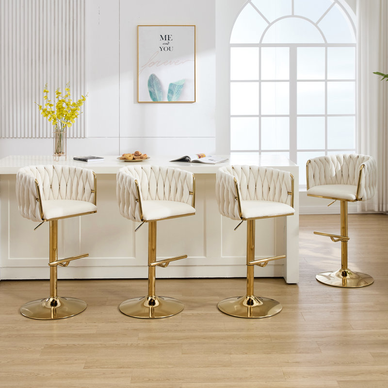 Ensemble de 4 tabourets de bar pivotants 360 ° en velours, tabouret de bar moderne à hauteur de comptoir réglable avec dossier tissé, tabourets de cuisine pivotants pour îlot de cuisine, bar