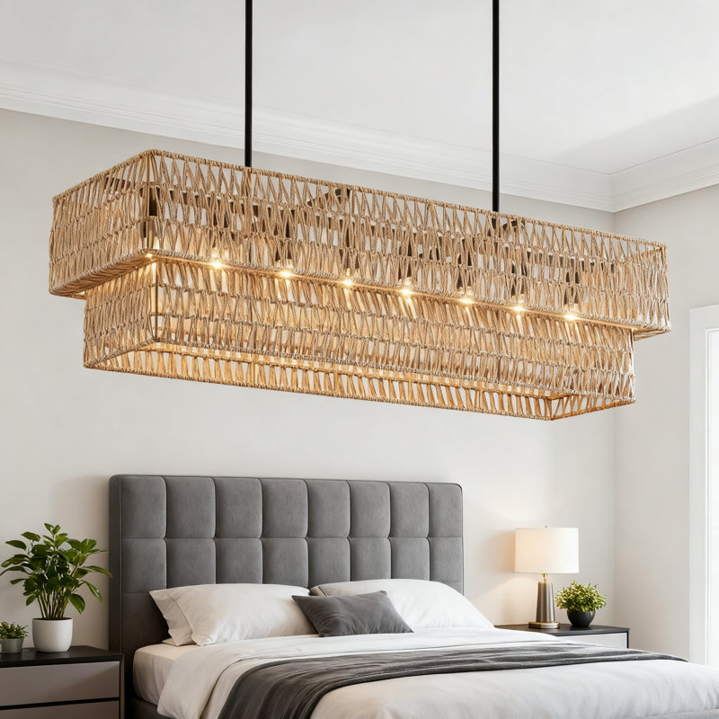 Hand Woven Rattan 8-Light Linear Chandelier For Dining Room, Double Layer Boho Pendant Light Fixture With Black Metal Frame For Kitchen Island Living Room Bar