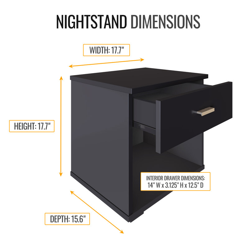 Novara Single Drawer Low Profile Nightstand, Black