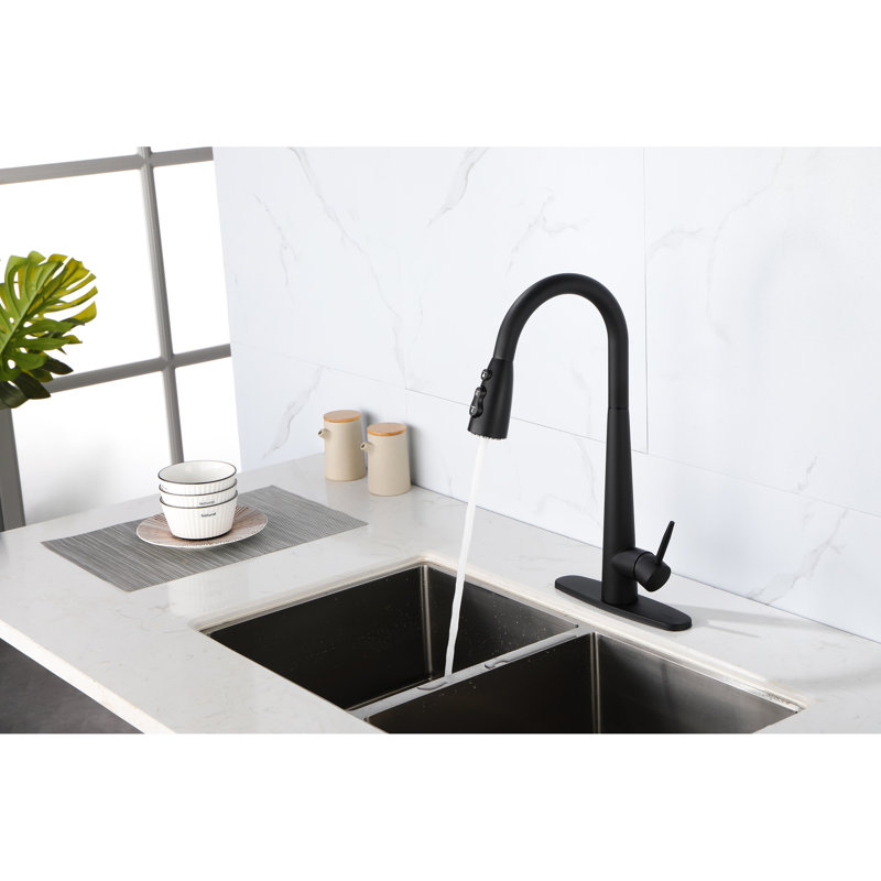 Single Handle Pull Down Kitchen Sink Faucet Of Stainless Steel, Matte Black Colorant, 360 Rotating High - Arc Nozzle, Three Water Output Selections  Stream, Spray,  , Easy Temperature And Flow