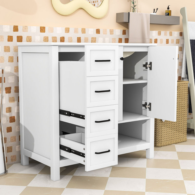 Meuble-lavabo à tiroir avec lavabo en céramique, tablette ouverte et armoire de rangement, Blanc