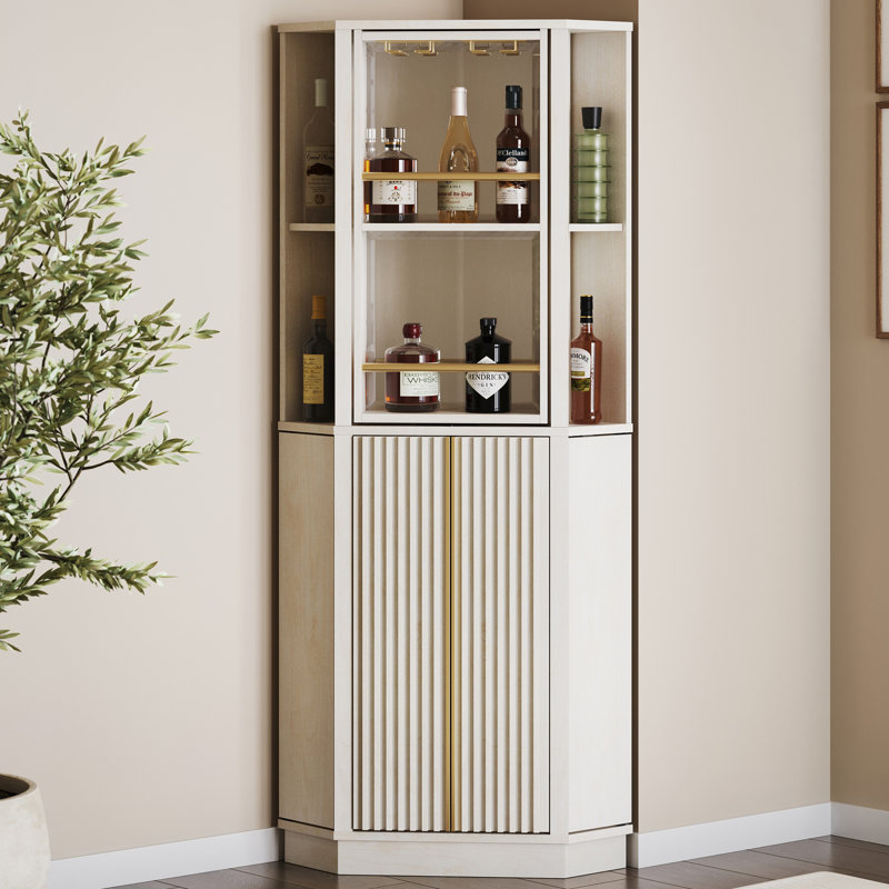 White Sand 68" Corner Bar Cabinet with Rotating Wine Rack
