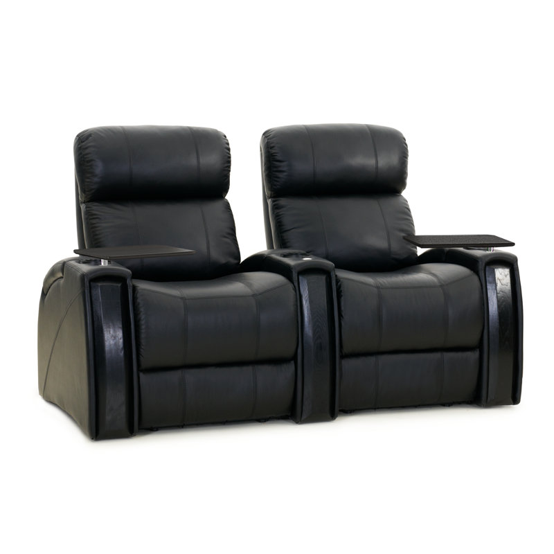 Siège de cinéma en cuir véritable avec porte-gobelet de 70,5 po de large Chimon, Cuir véritable noir luxueux