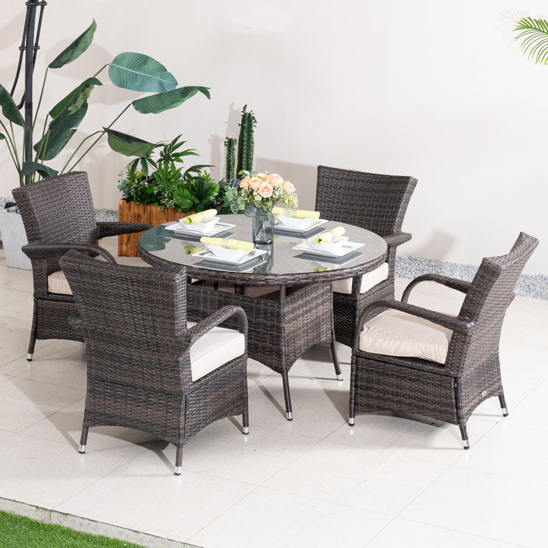 Ensemble repas pour 4 personnes en osier avec table ronde, coussins inclus, Brun