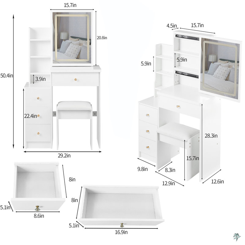 29.2" Small Size Left Bedside Cabinet Vanity Table + Cushioned Stool, Large Sliding, Touch Control, Tri-Color Switching, Brightness Adjust LED Mirror, High Capacity Storage