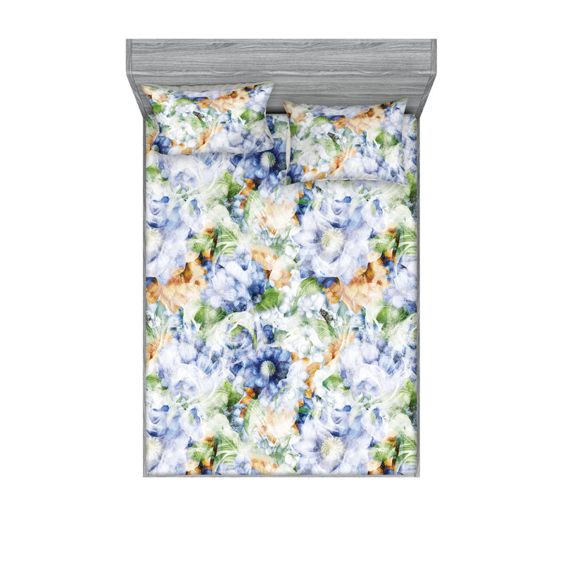 Drap-housse et taies décoratives 3 pièces Ambesonne, Bleu ciel, ambre, vert / floral