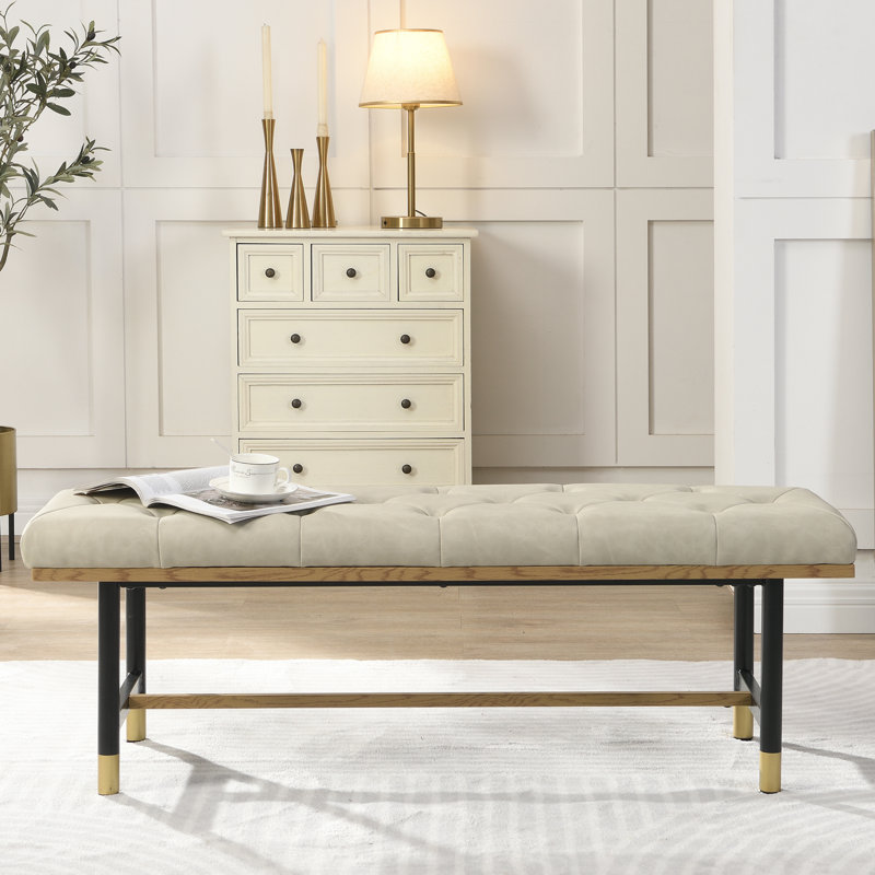 Beige Faux Leather Upholstered Bench with Gold Metal Shelf