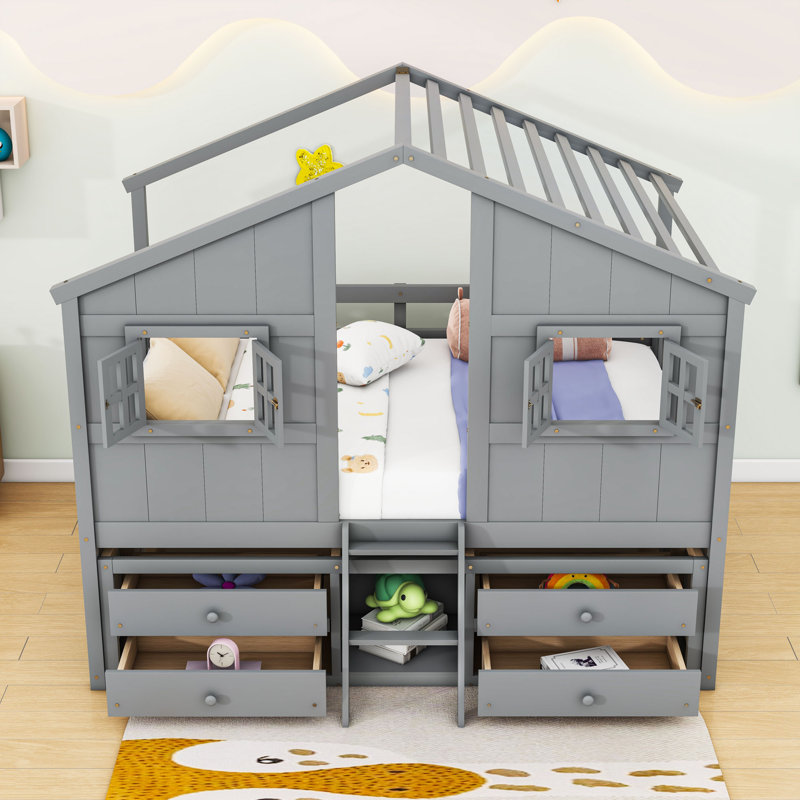 Full Wooden Loft Bed With 4 Drawers And Guardrails, Gray