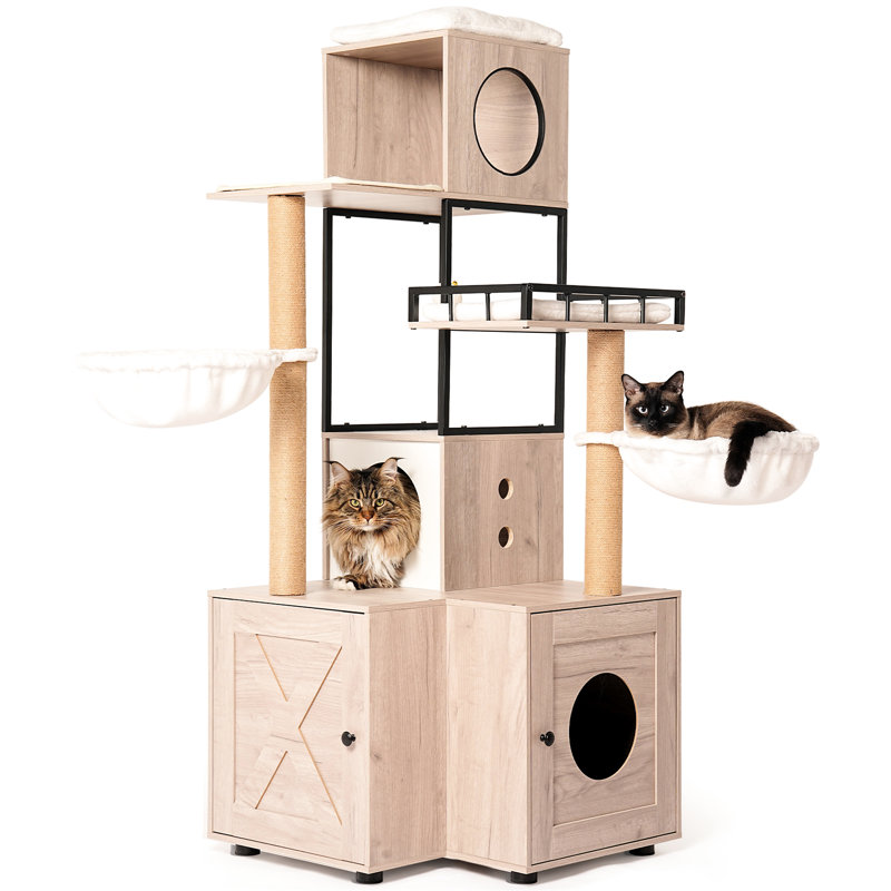 Tour pour chat de 63 po avec bac à litière intégré, condos doubles, coussin en mousse à mémoire de forme, poteaux à griffer, support interactif, lavable à arbre blanc et gris, rangement intelligent, style américain