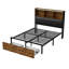 Industrial Metal Upholstered Storage Bed With Bookcase Headboard & Charging Station (USB/Type-C), Rustic Brown & Black PU Frame With LED & 2 Drawers, EU Double & King 140/160X200cm-386905196