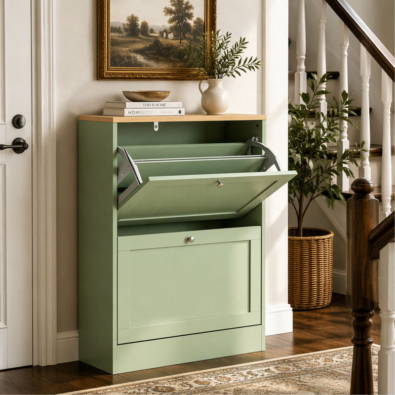 Rangement à chaussures moderne et discret avec meuble d'entrée mince pour couloir et salon, Green,Light Oak