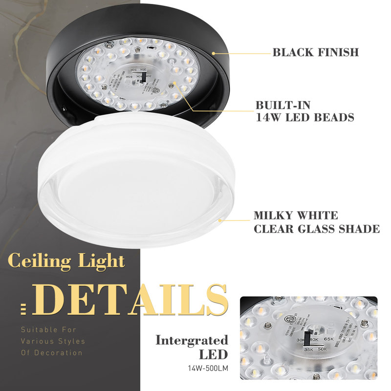 4 Pack 6 Inch LED Dimmable Flush Mount Milky White Glass Shade 5 Colors Temperatures Switch, Black