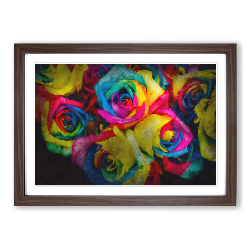 Multi-Coloured Rainbow Roses - Picture Frame Graphic Art Print, 24cm H x 33cm W x 2cm D, Walnut Framed