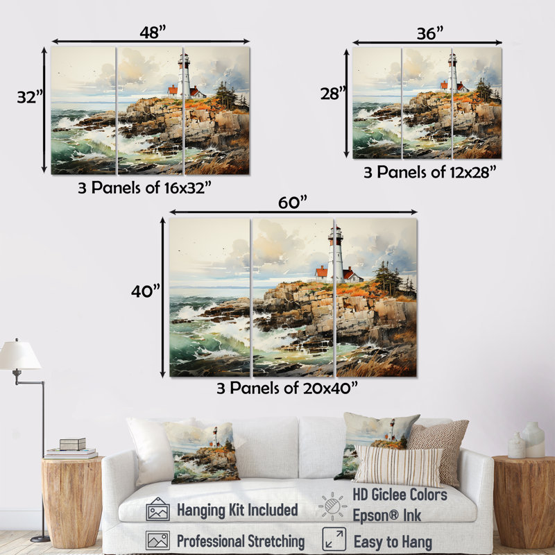 Coastal Light House Minimal Landscape I - Ensemble de décorations murales Beach Light House, Toile tendue, H 32 po x l 48 po