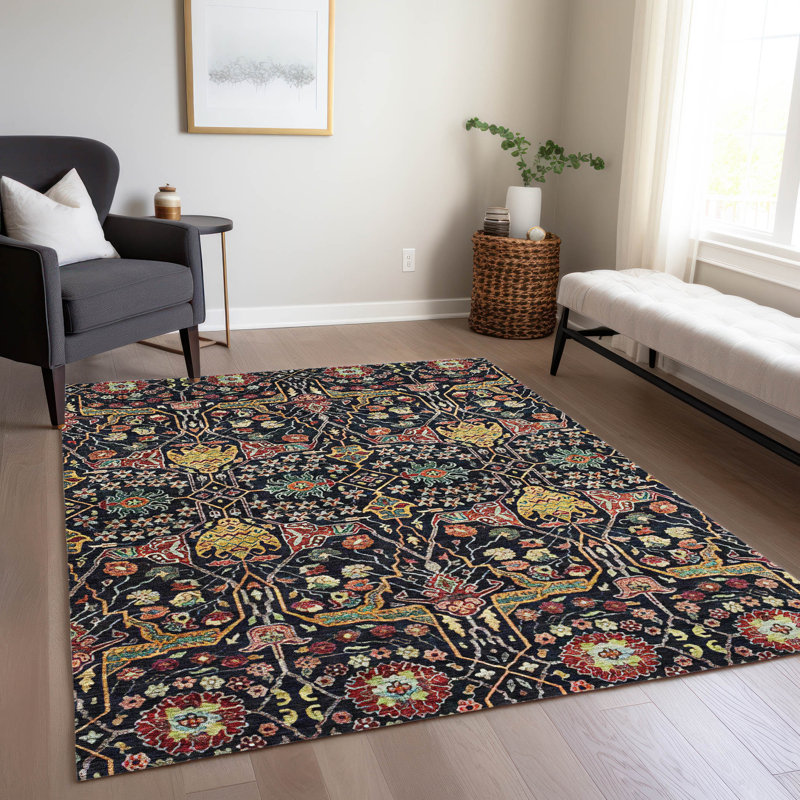 Cicel Machine Washable Indoor/Outdoor Black Area Rug ACN1132, Rectangle 5 pi x 7 pi 6 po