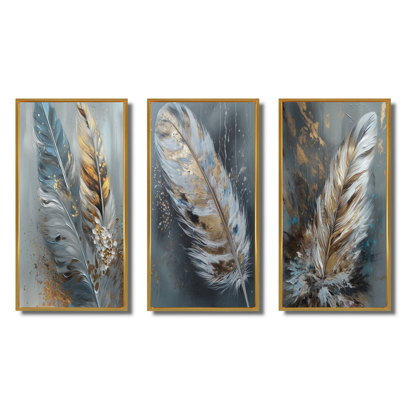 3 pièces sur toile - plumes d'or Wanderlust, H 40 po x l 60 po, Cadre flottant doré