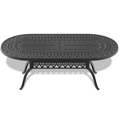Table de patio en fonte d'aluminium avec trou pour parasol, noir, pour 8 personnes, table de salle à manger ovale, pour 8 personnes, prête