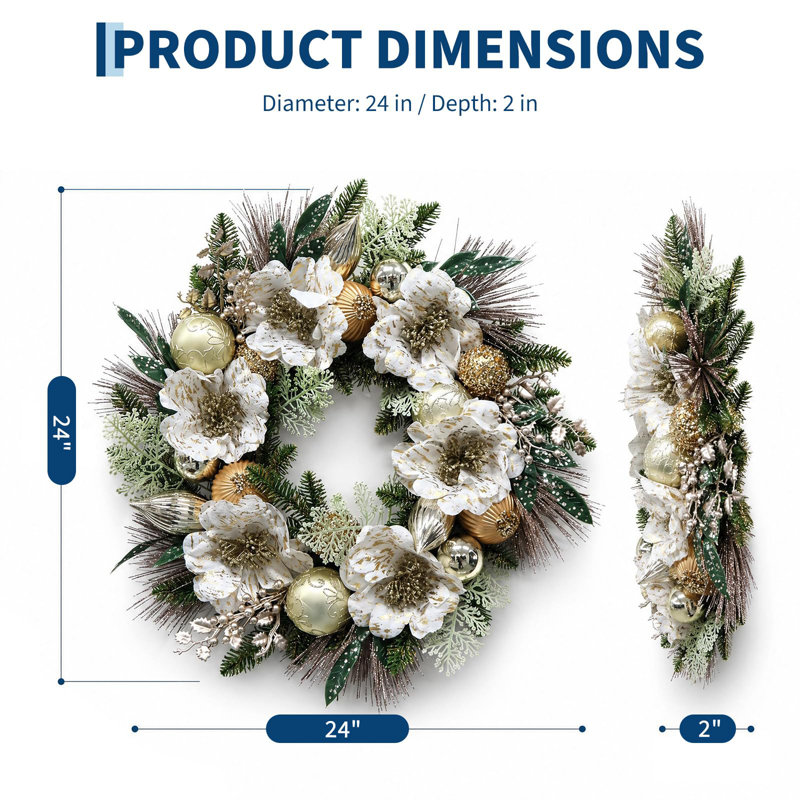 Couronne de Noël réaliste de 61 cm (24 pouces) en amaryllis avec lumières DEL et ornements électroplaqués