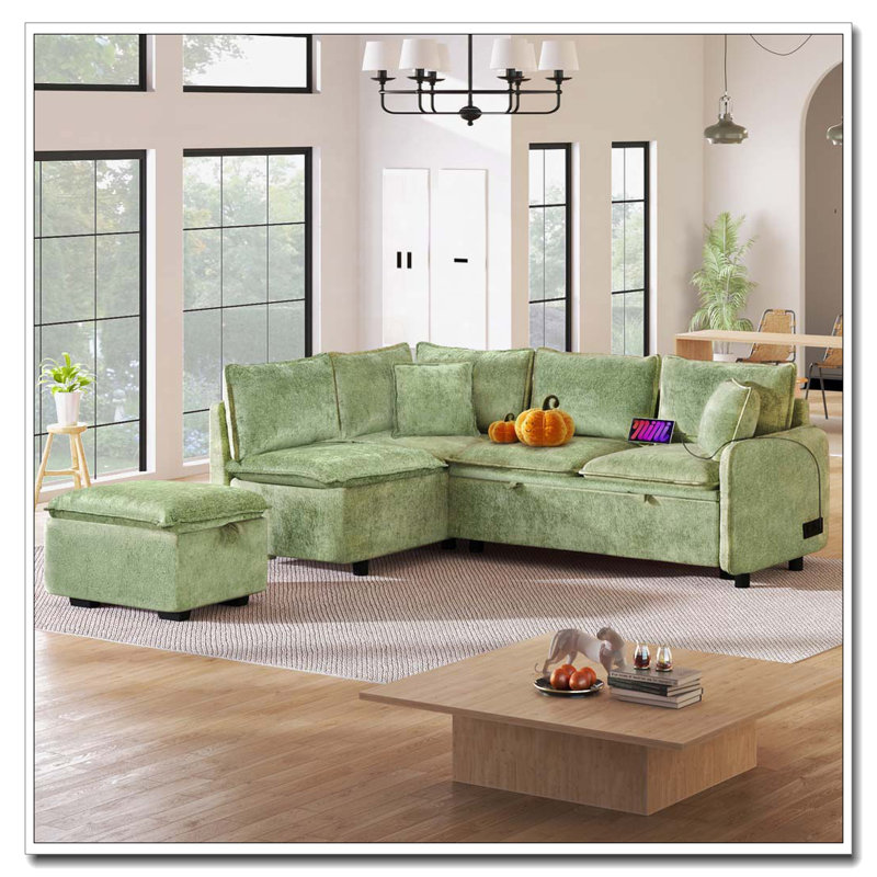 Canapé-lit modulaire de 82,67 po convertible en forme de L avec repose-pieds, deux coussins, deux prises de courant et deux ports USB pour le salon