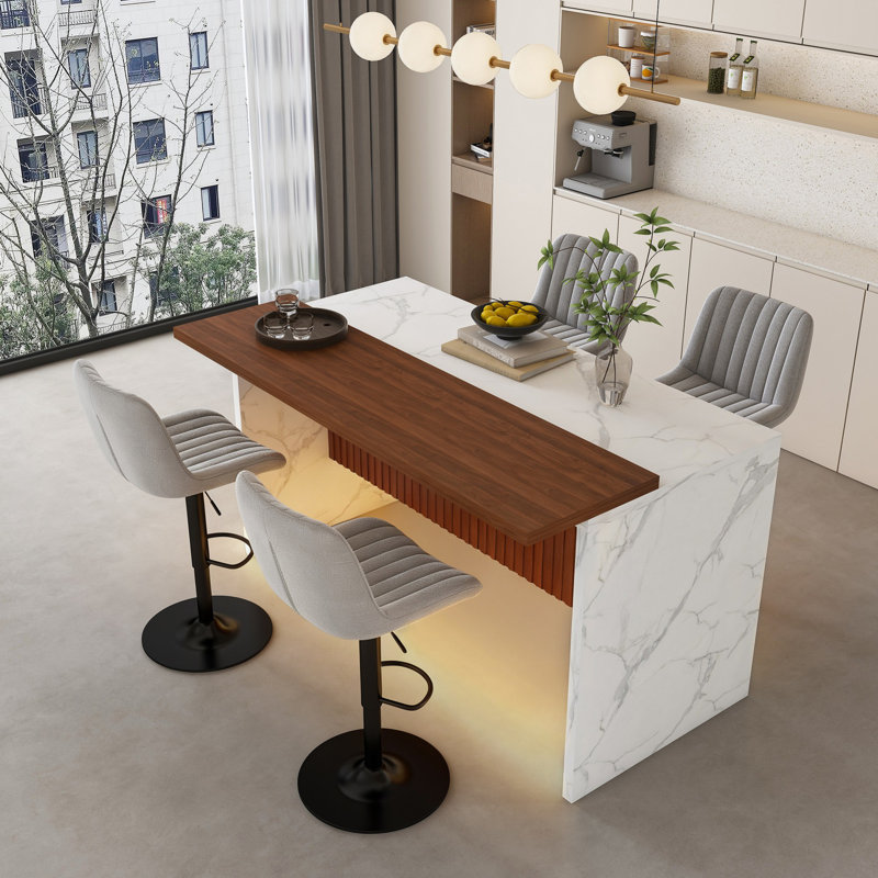 Table de salle à manger moderne avec 4 tabourets de bar, éclairage à DEL pour la cuisine et la salle à manger, White