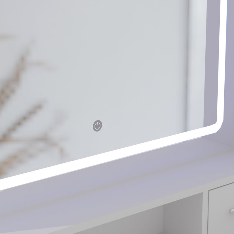 Coiffeuse blanche avec grand miroir à DEL, tiroirs et compartiments lumineux de rangement essentiels pour la chambre à coucher