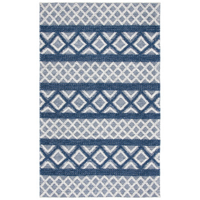 Vermont Hand Woven Wool/Cotton Geometric Rug in Ivory/Blue