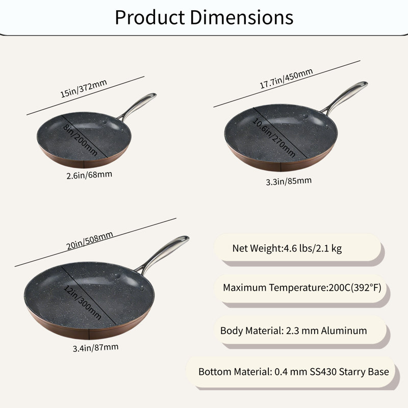 3 Piece Frying Pan Aluminum Skillet Set