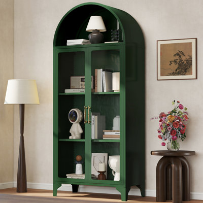 73.6" Arched Metal Storage Display Cabinet with Adjustable Shelves and Glass Doors