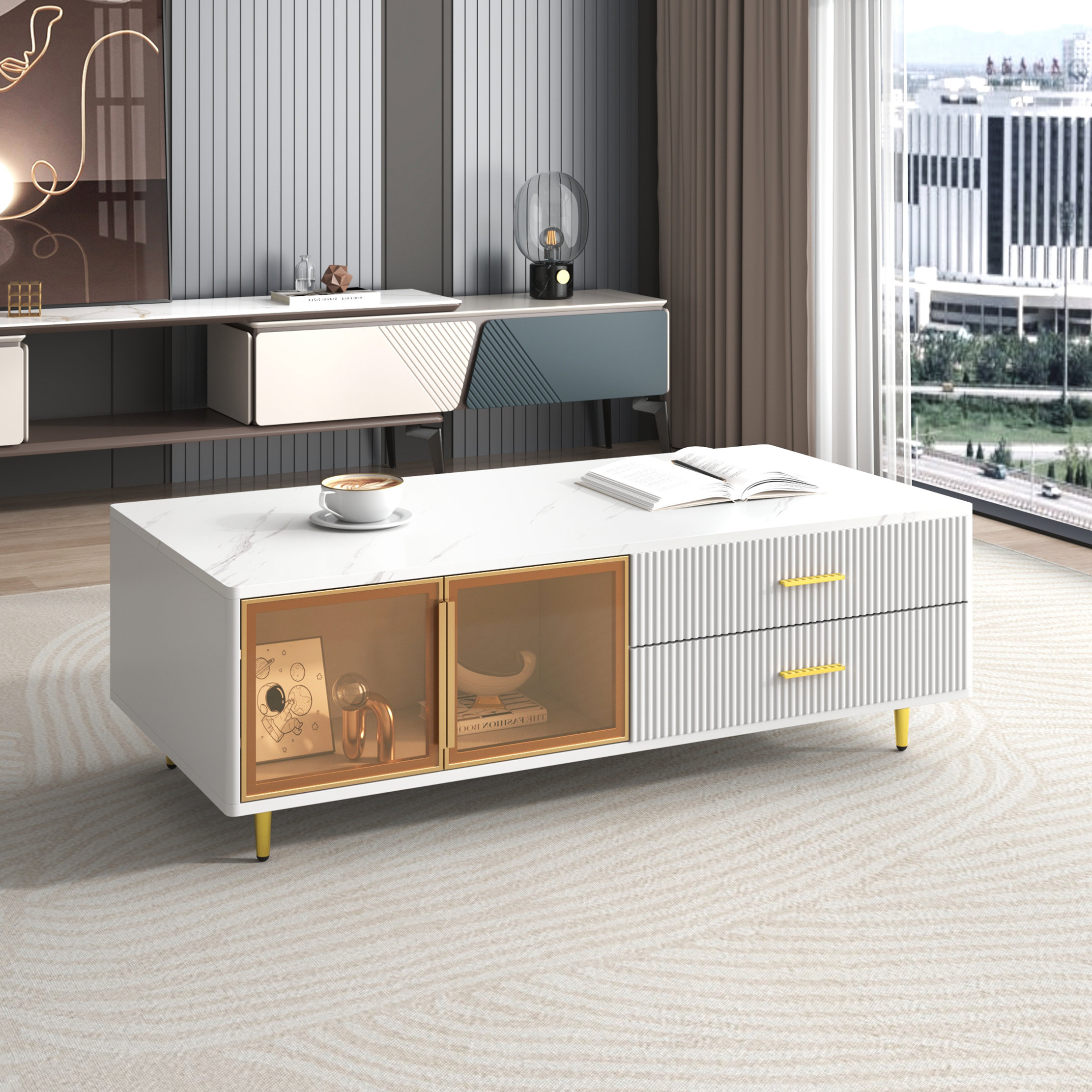 Everly Quinn Coffee Table With Multiple Storage Options And Attractive ...