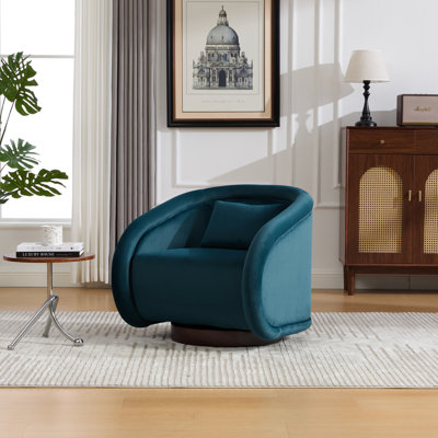 Fauteuil d'appoint pivotant Modern Teal avec rotation à 360 degrés, rembourrage en mousse haute densité, revêtement en velours givré et piédestal antidérapant en bois d'hévéa, pour les espaces de vie principaux en forme de citrouille confortable