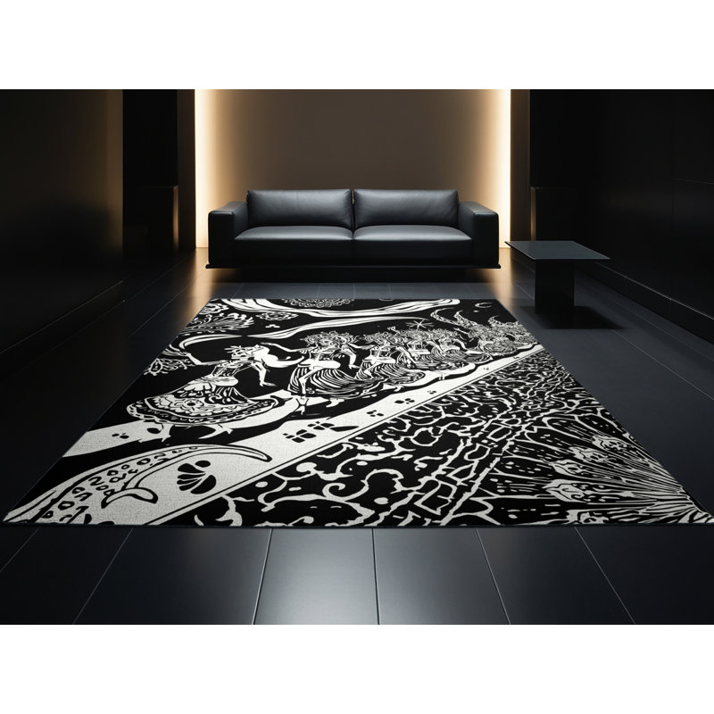 Tapis d'inspiration mondiale gris et noir lavable à la machine, 4 x 6